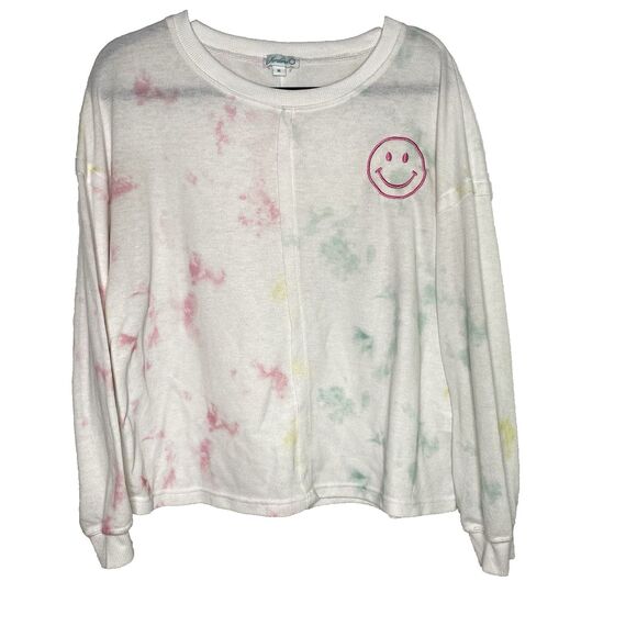 JORDANN Oversized Tie Dye Smiley Face Pullover Long Sleeve Womens M White Pink - Picture 1 of 8